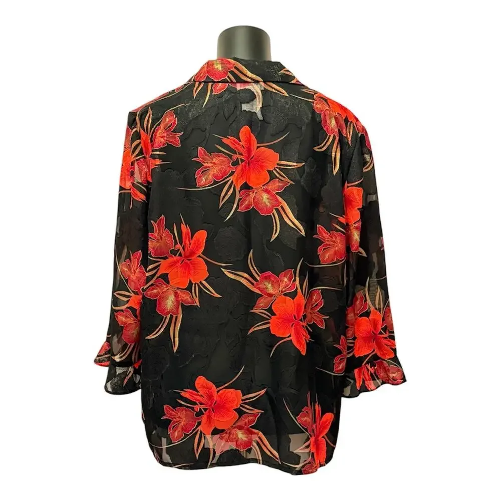 Vintage Koret Dress Sheer Floral Jacket Black Red Frog Closure, size12